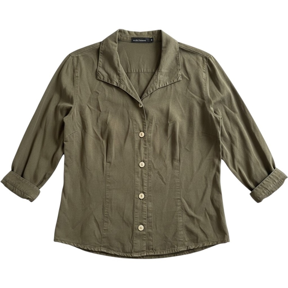 Cut Loose Button Up Shirt M Olive Green 3/4 Sleeve Lagenlook Minimalist